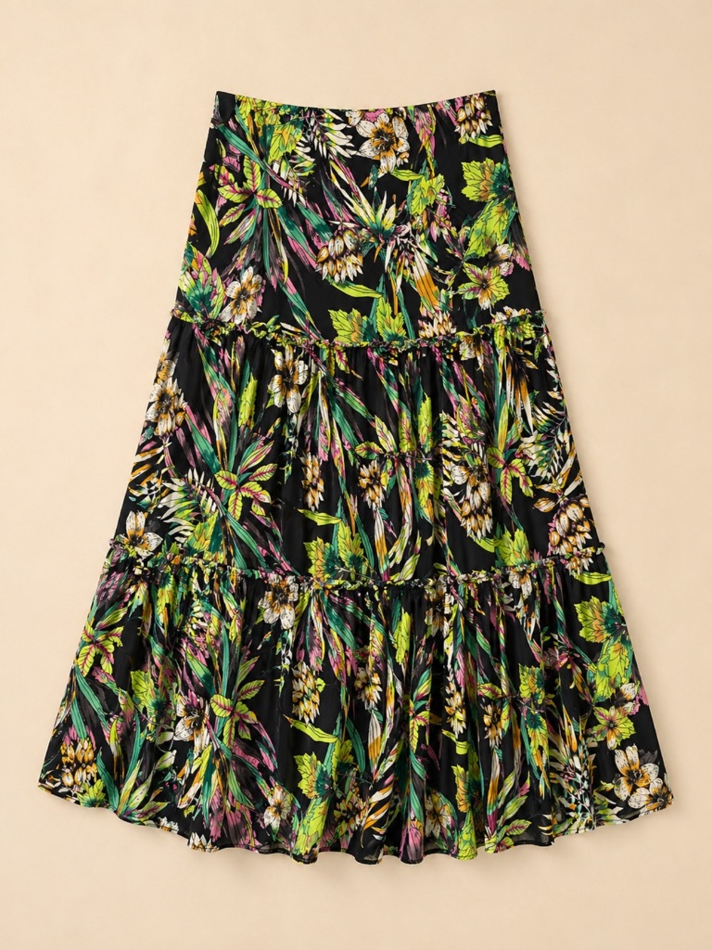 EVA LUNA Tropical Floral Tiered Midi Skirt Black Boho Resort